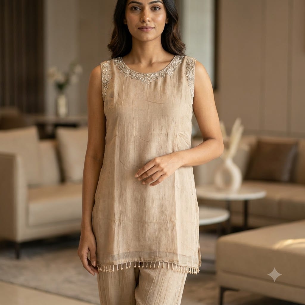 Beige Silk Co-ord Set | 11581
