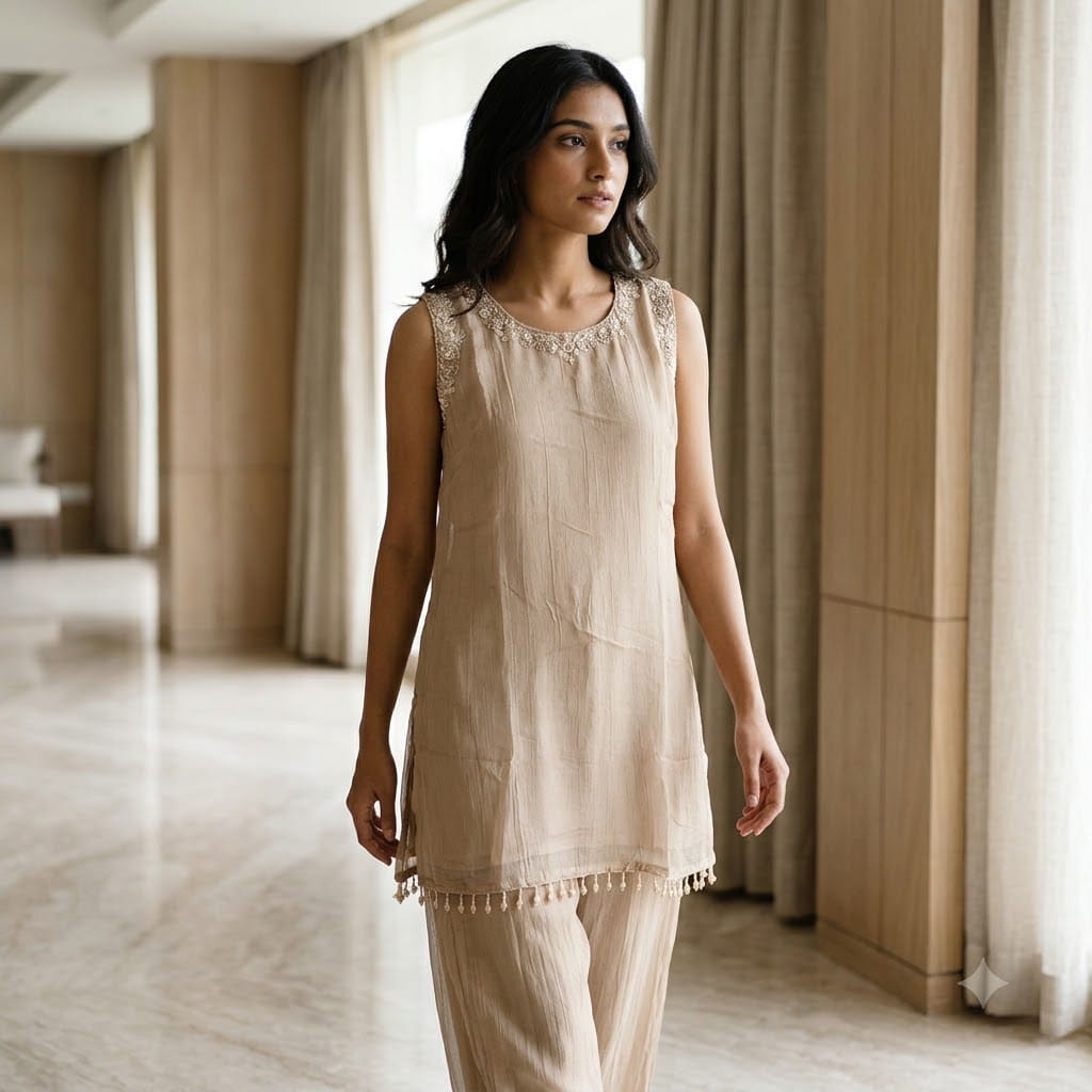 Beige Silk Co-ord Set | 11581