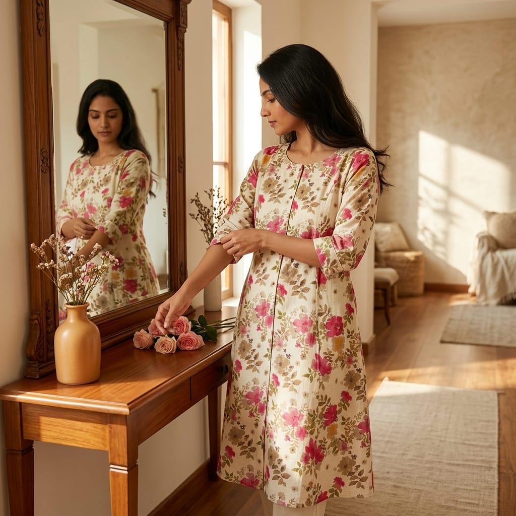 Beige Cotton Silk Kurti