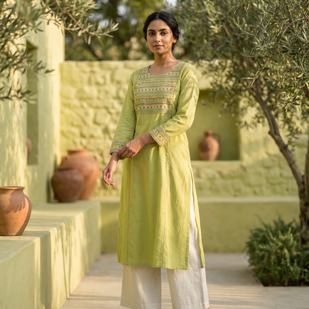 Woman wearing everyday olive green cotton ethnic kurti
