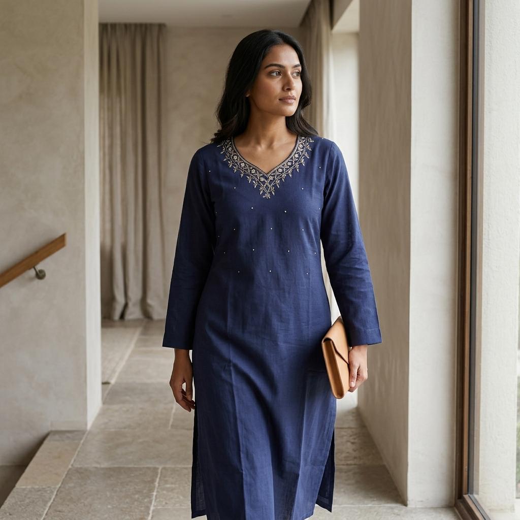 Blue Cotton Silk Kurti