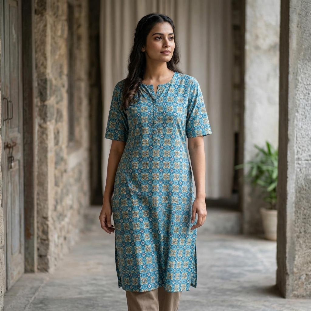 Blue Cotton Silk Kurti