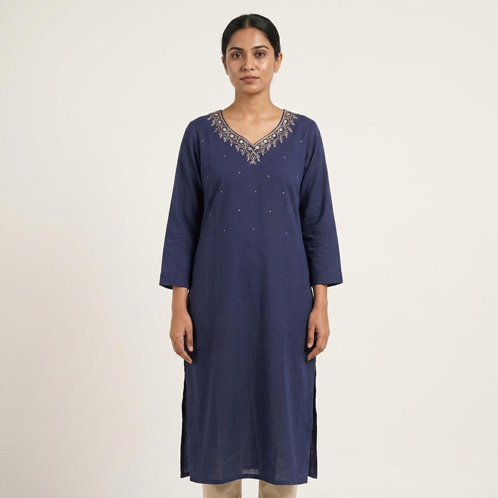Blue Cotton Silk Kurti