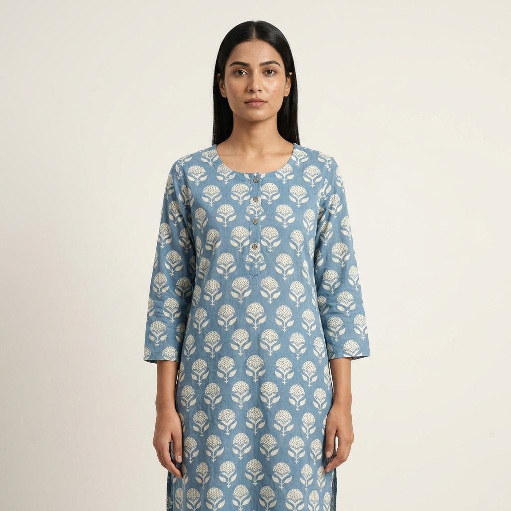 Blue Cotton Silk Kurti