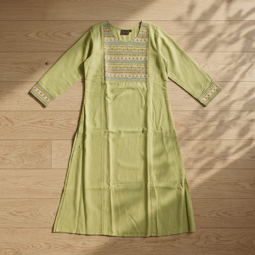 Close-up of intricate yoke detailing on olive green cotton kurti