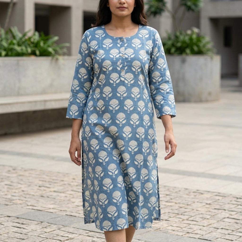 Blue Cotton Silk Kurti