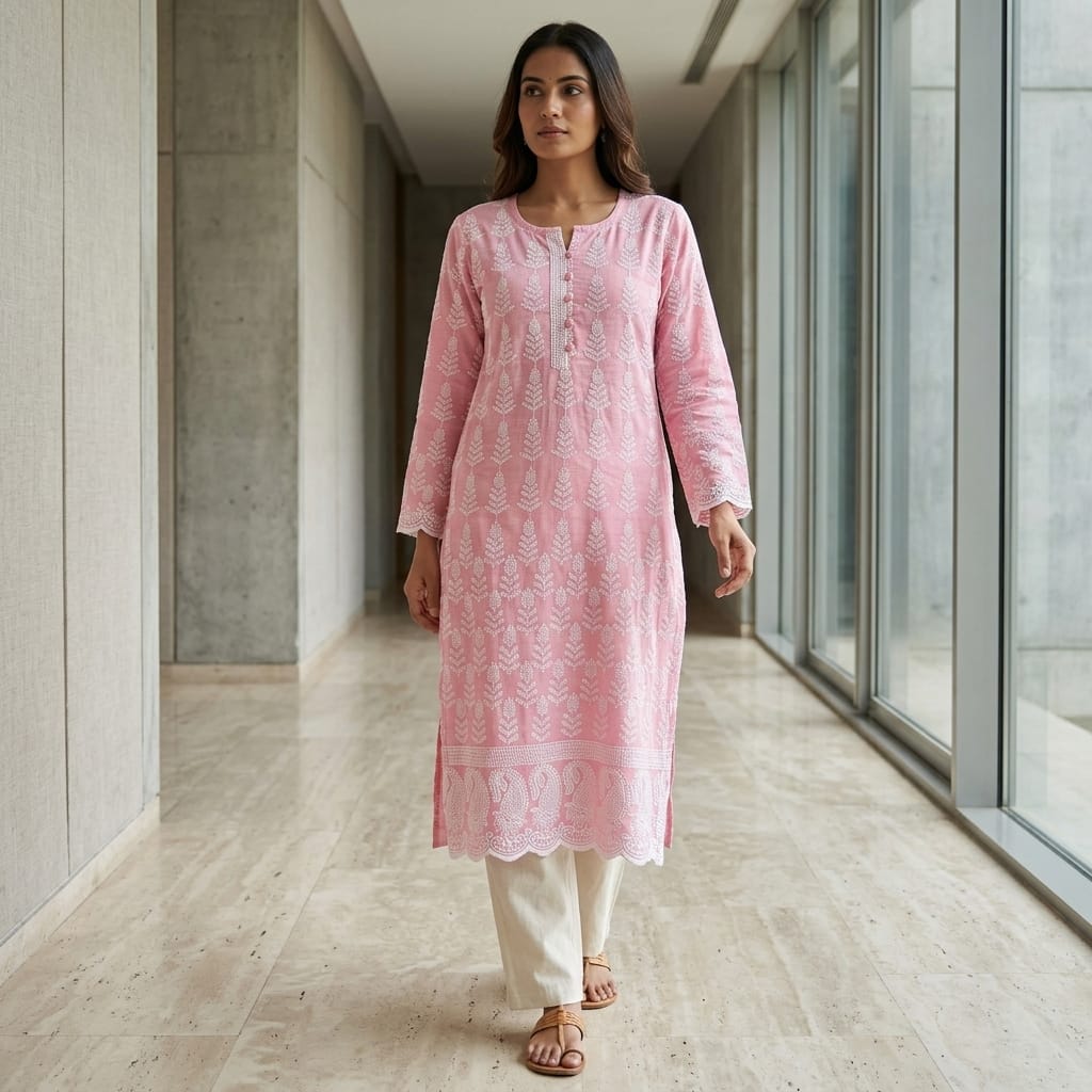 Pink Cotton Accoba Kurti