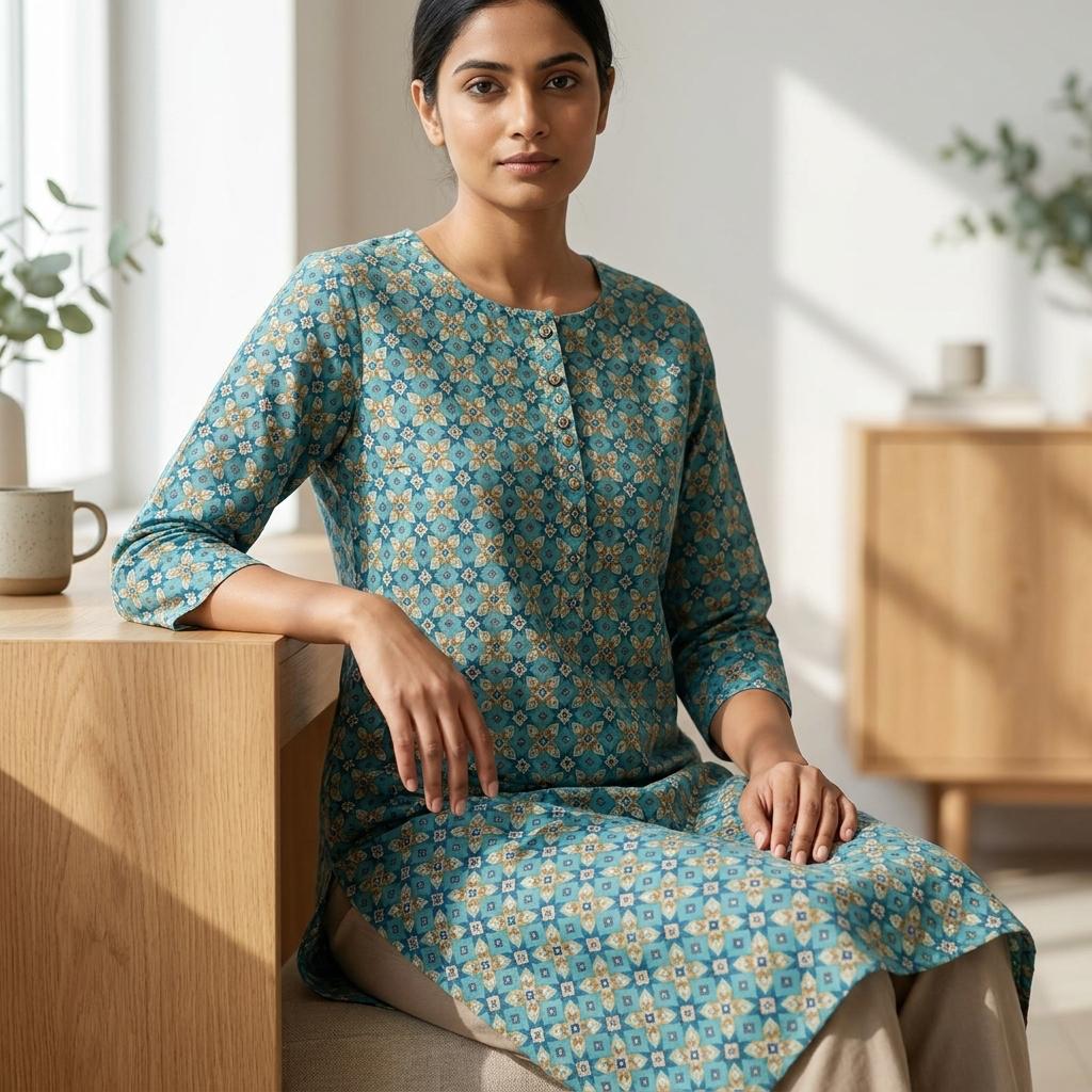 Blue Cotton Silk Kurti