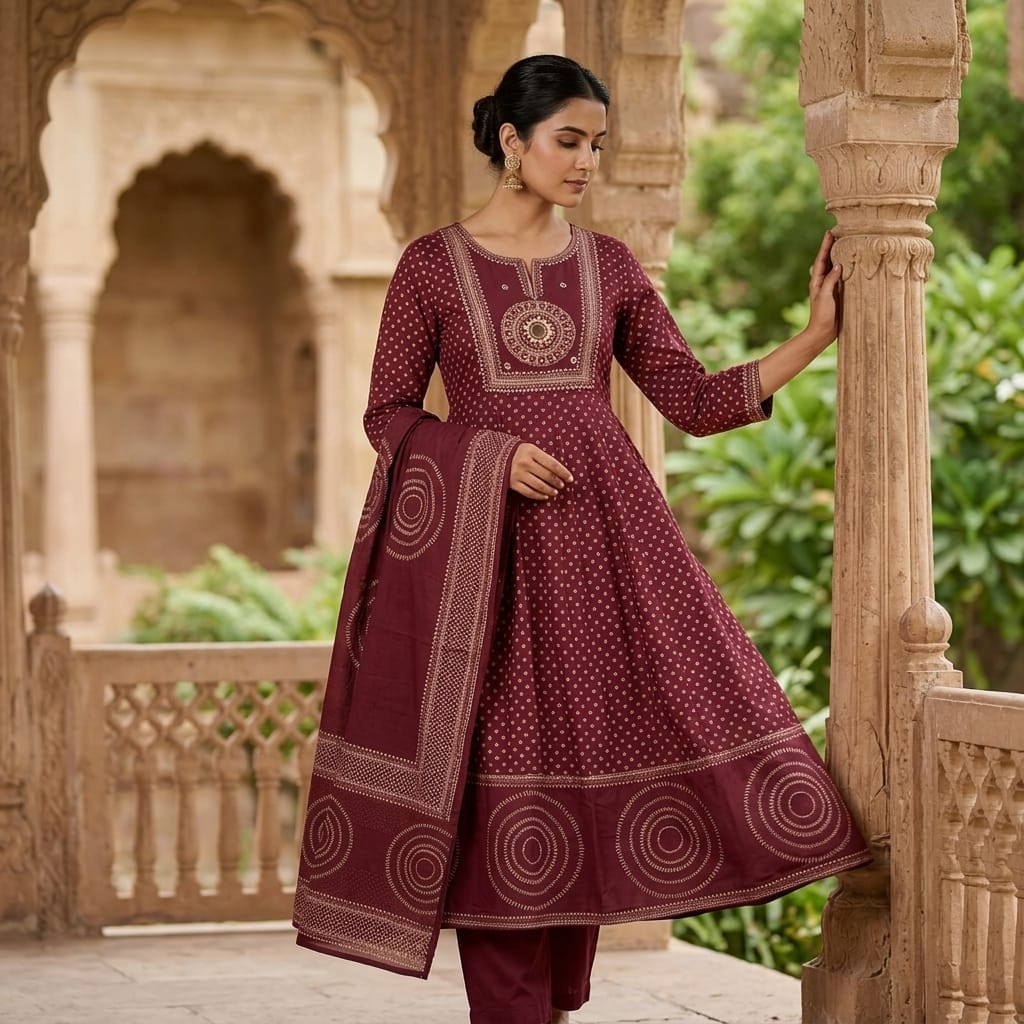 Brick Red Cotton Anarkali Salwar