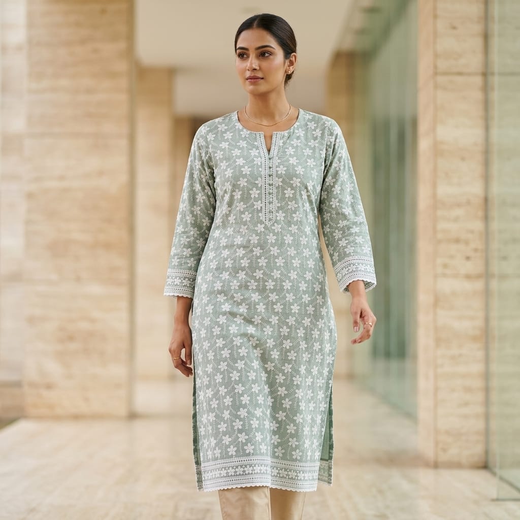 Olive Green Cotton Accoba Kurti
