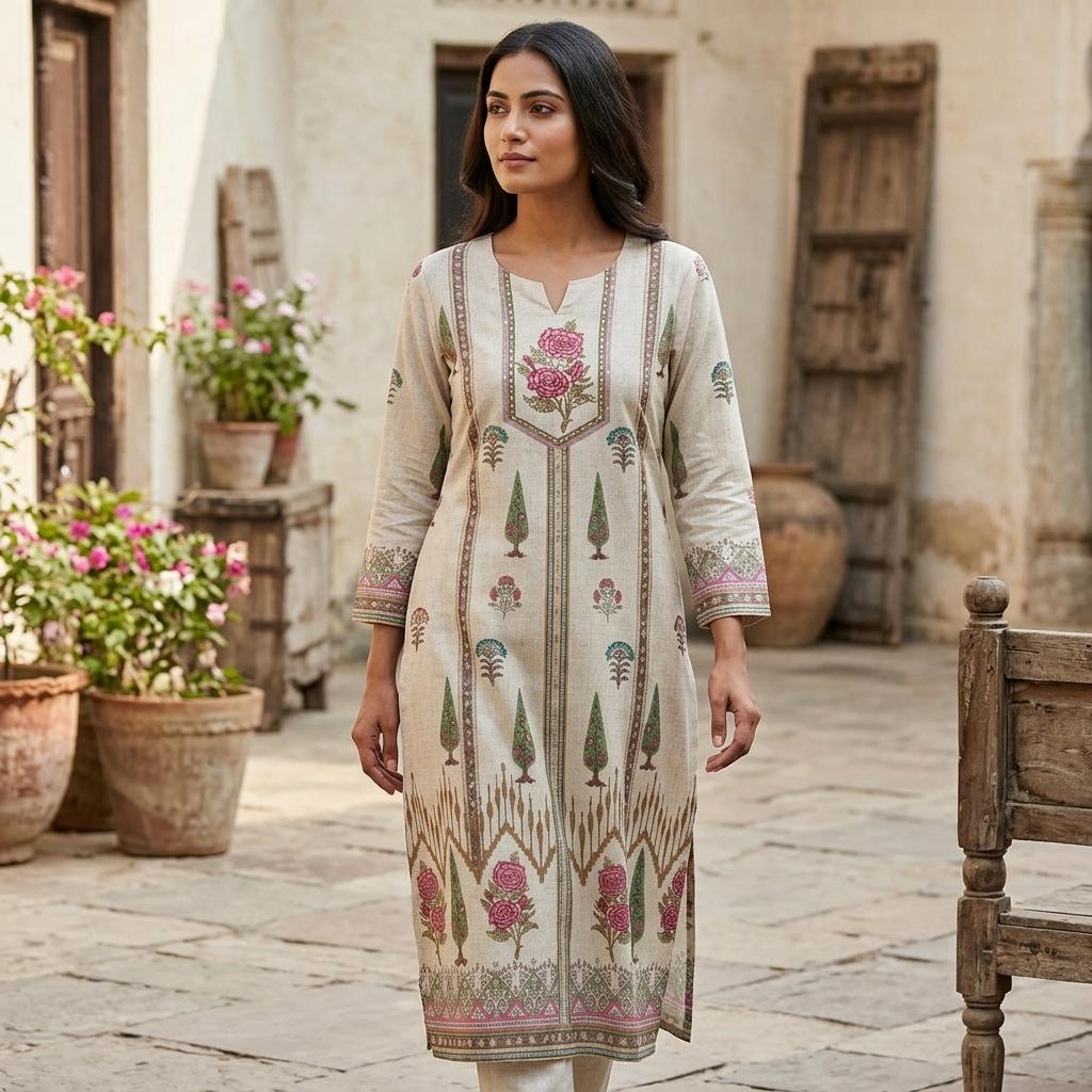 Beige Cotton Slub Kurti
