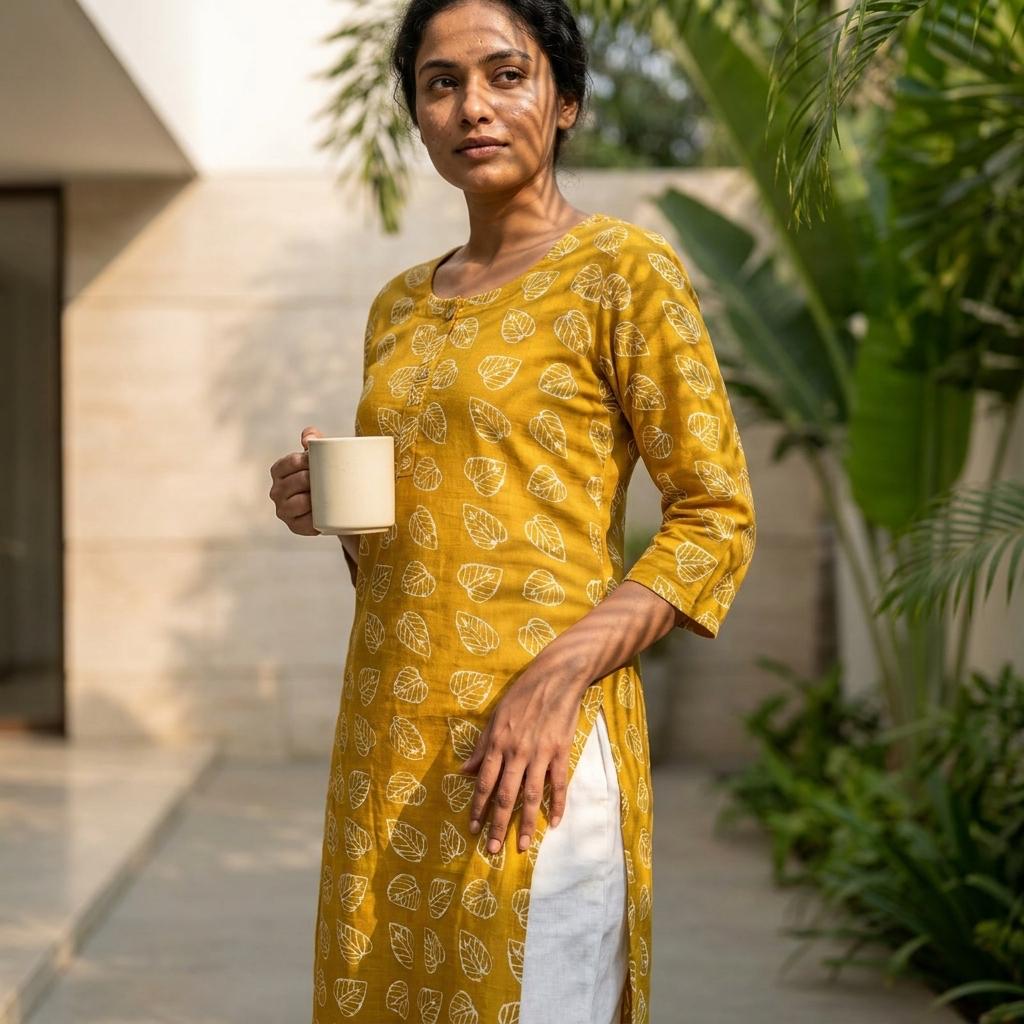 Yellow Cotton Silk Kurti
