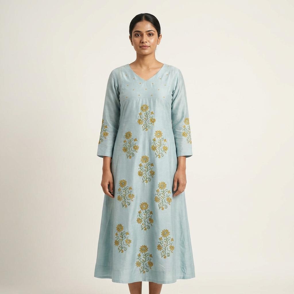 Blue Cotton Silk Kurti