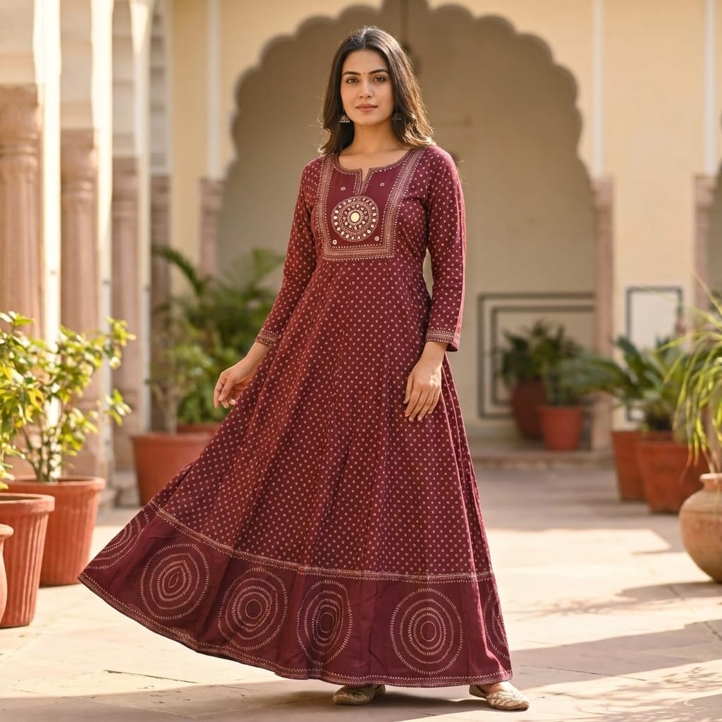 Brick Red Cotton Anarkali Salwar