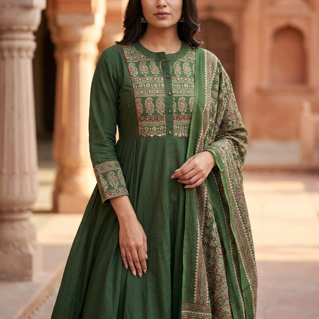 Green Cotton Anarkali Set