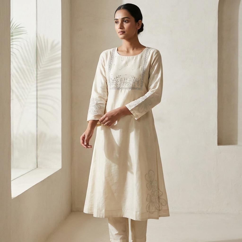 Half White Cotton Silk Kurti