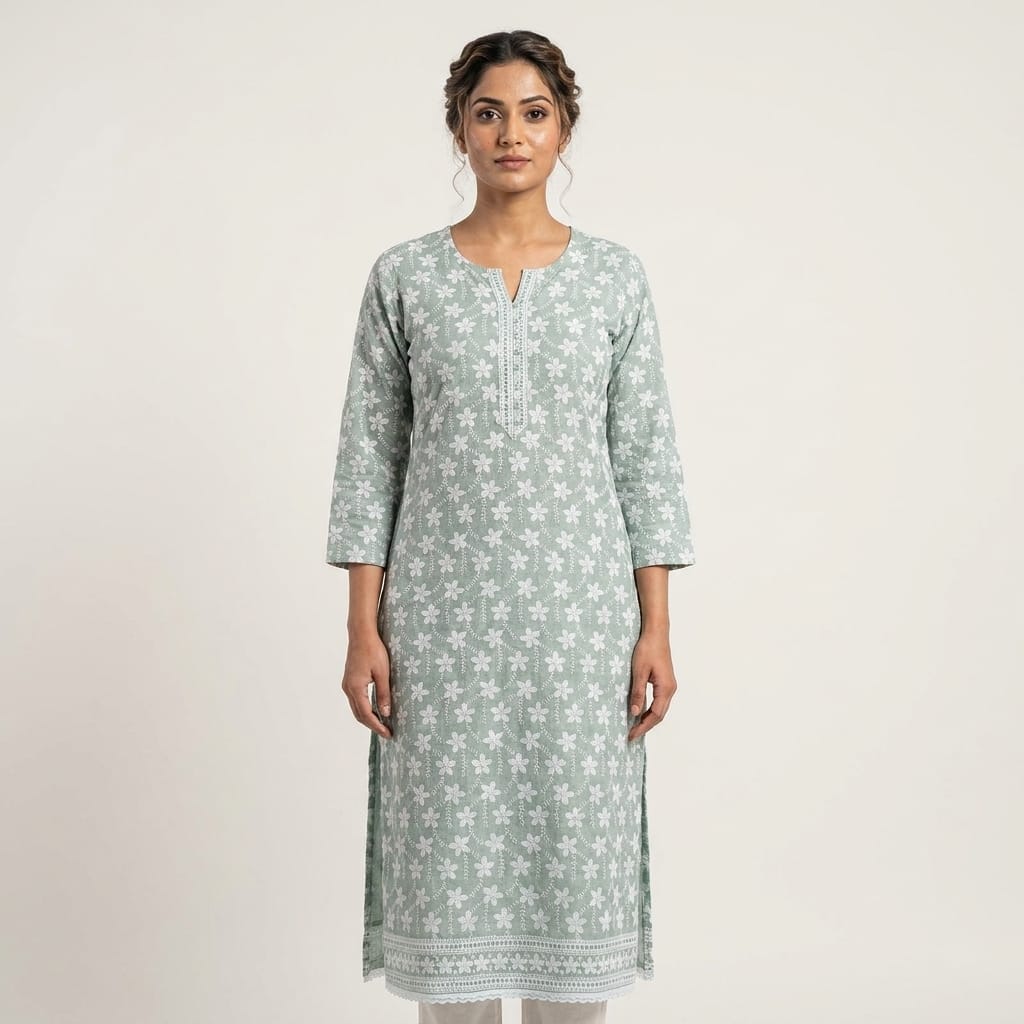 Olive Green Cotton Accoba Kurti