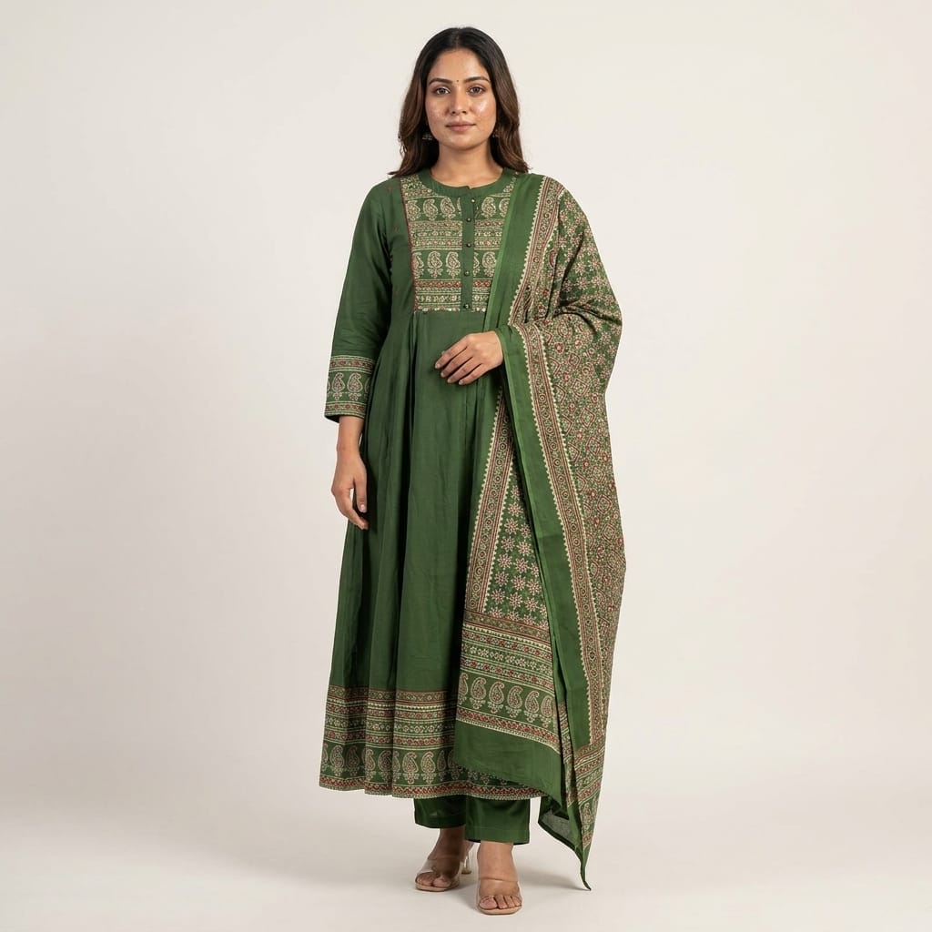 Green Cotton Anarkali Set
