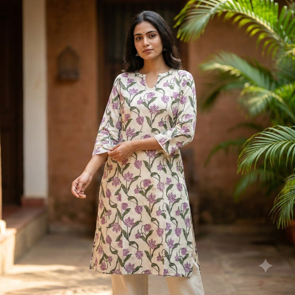 White Floral Cotton Kurti | 11452
