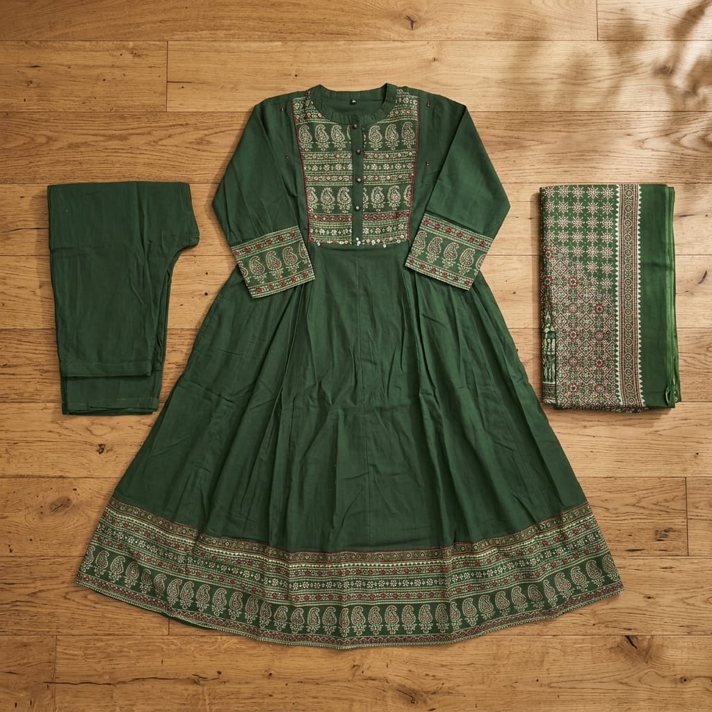Green Cotton Anarkali Set