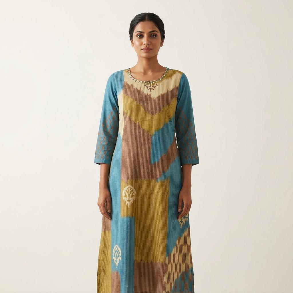 Blue Cotton Silk Kurti