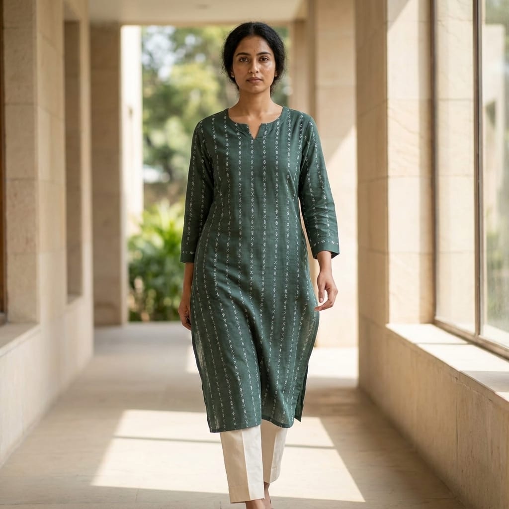 Bottle Green Cotton (mix) Kurti