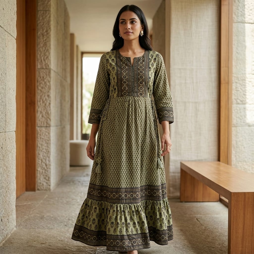 Olive Green Cotton Anarkali
