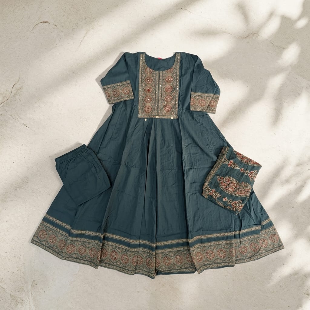 Dark Teal Cotton Anarkali Salwar | 11266