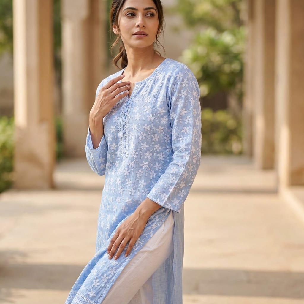 Blue Cotton Accoba Kurti