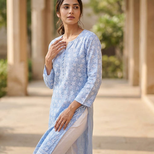 Blue Cotton Accoba Kurti