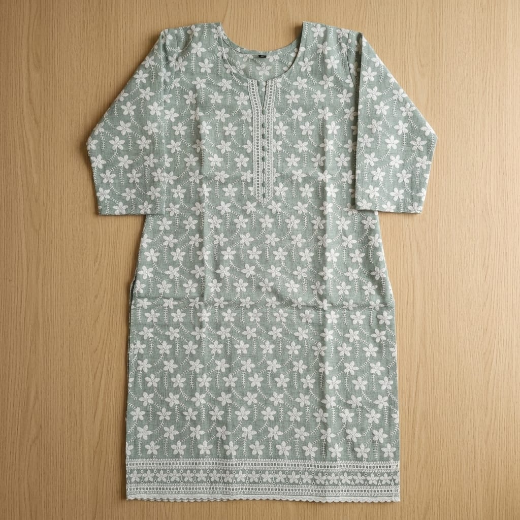 Olive Green Cotton Accoba Kurti