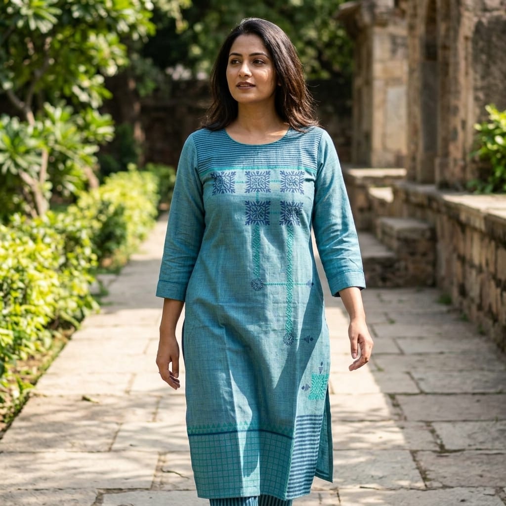 Blue Cotton Silk Kurti
