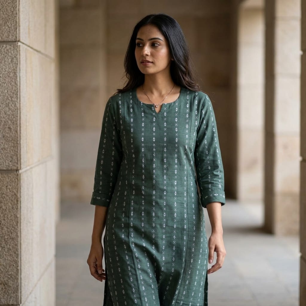 Bottle Green Cotton (mix) Kurti
