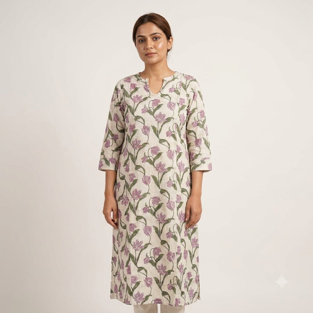 White Floral Cotton Kurti | 11452
