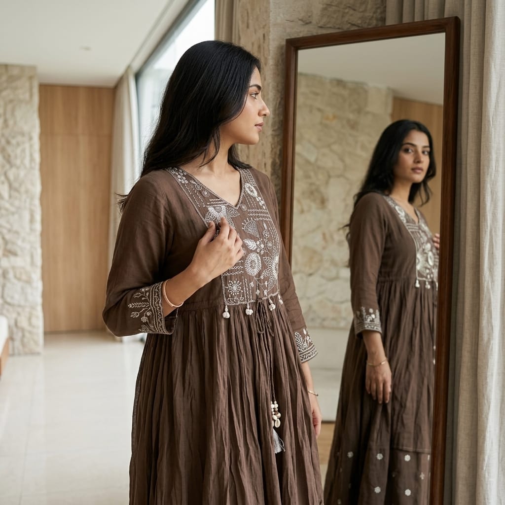 Brown Cotton Silk Anarkali Set