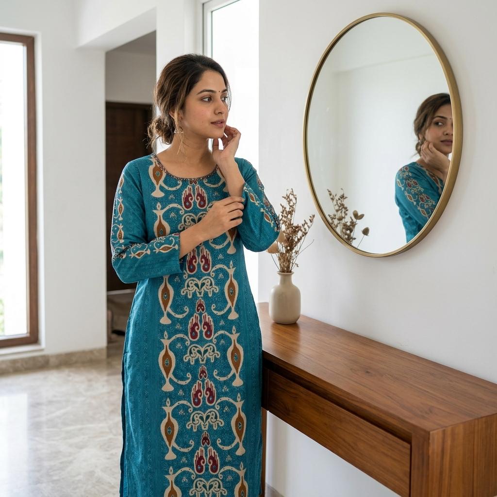 Blue Cotton Silk Kurti