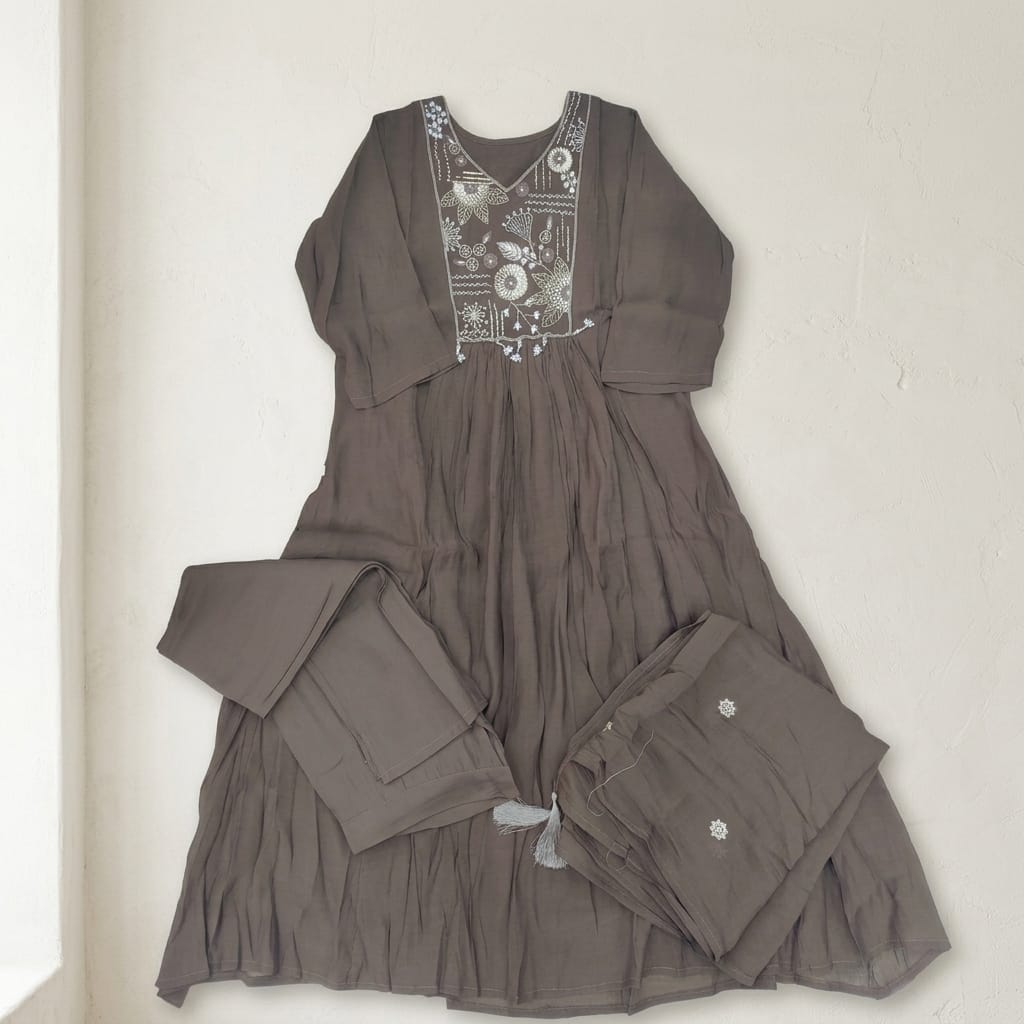 Brown Cotton Silk Anarkali Set