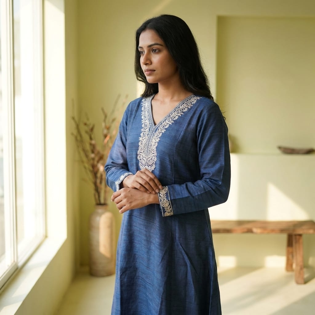 Blue Cotton Silk Kurti