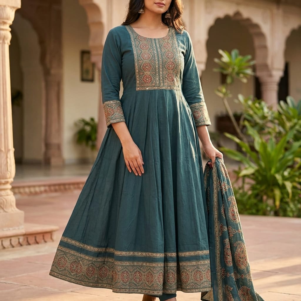 Dark Teal Cotton Anarkali Salwar | 11266