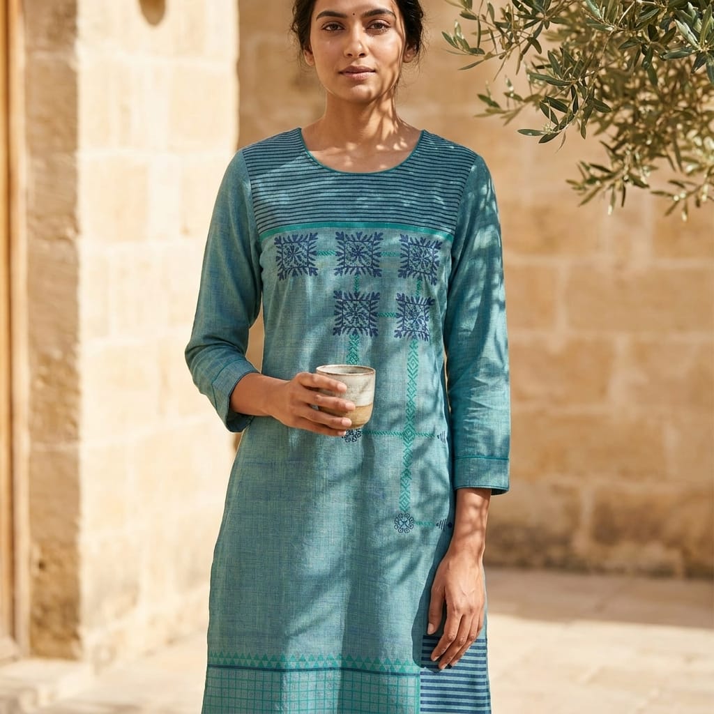 Blue Cotton Silk Kurti