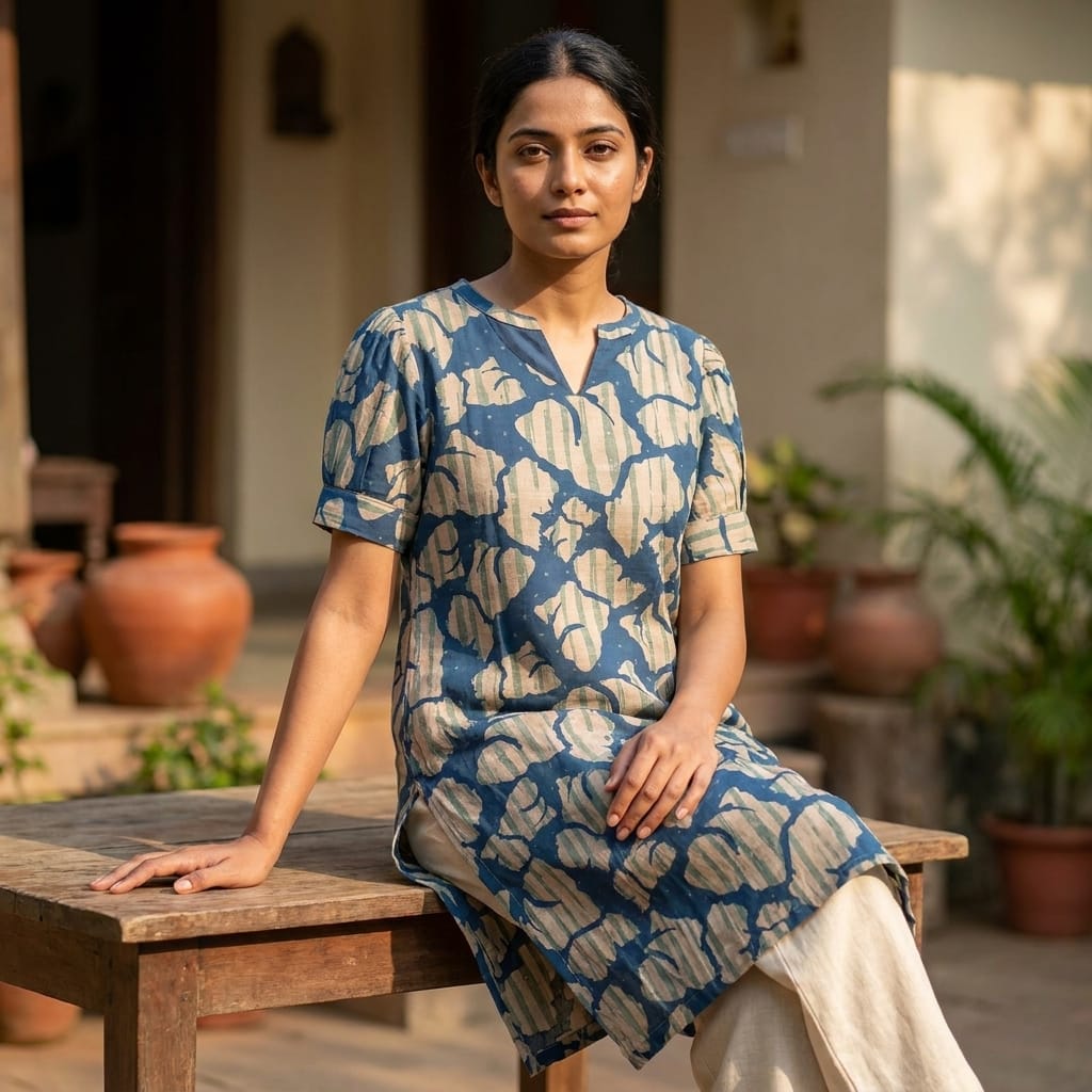 Blue Cotton Silk Kurti