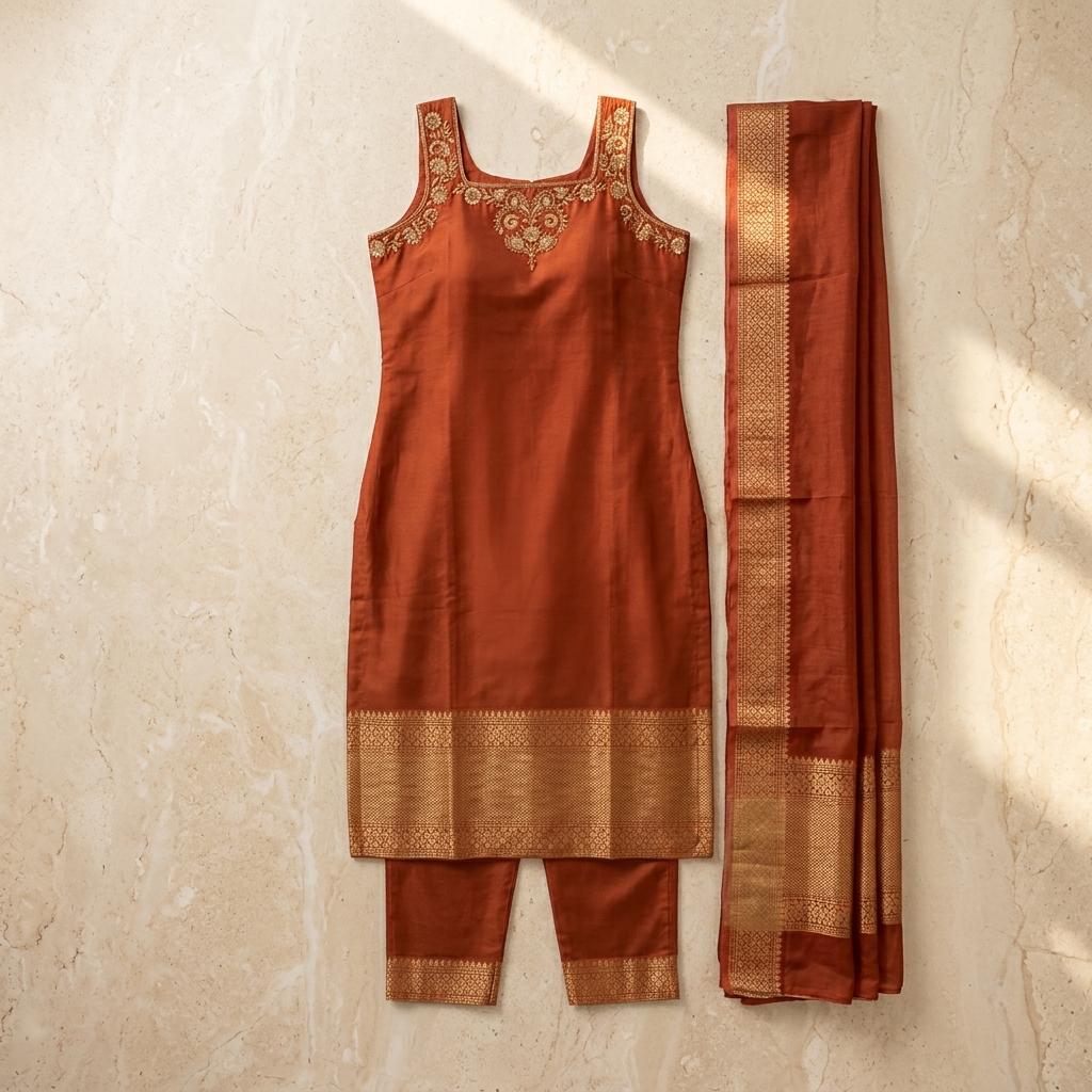 Rust Orange Cotton Silk Salwar