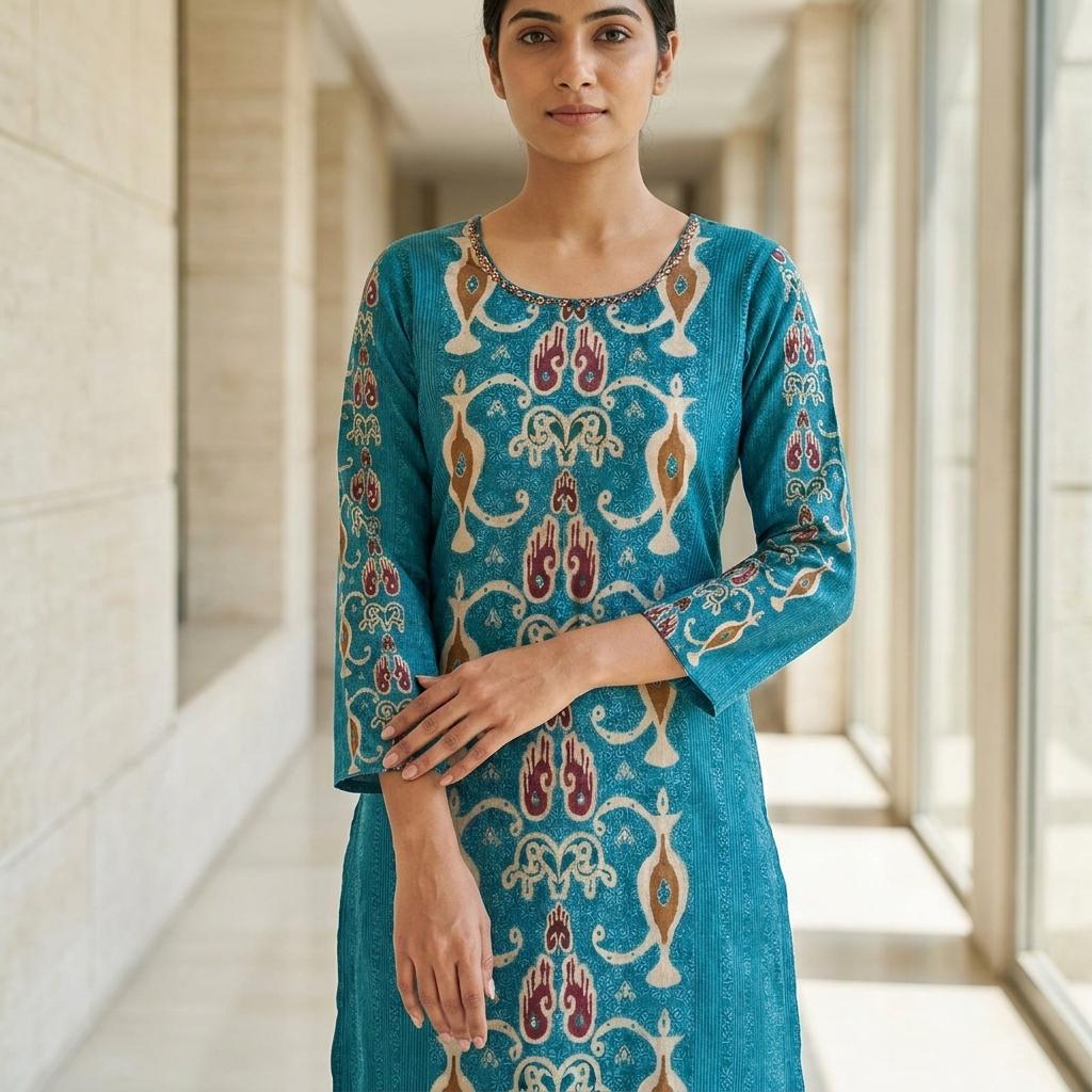 Blue Cotton Silk Kurti