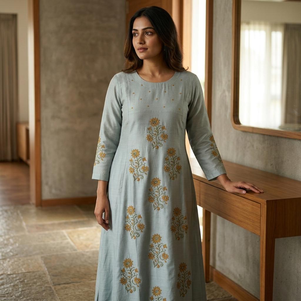 Blue Cotton Silk Kurti
