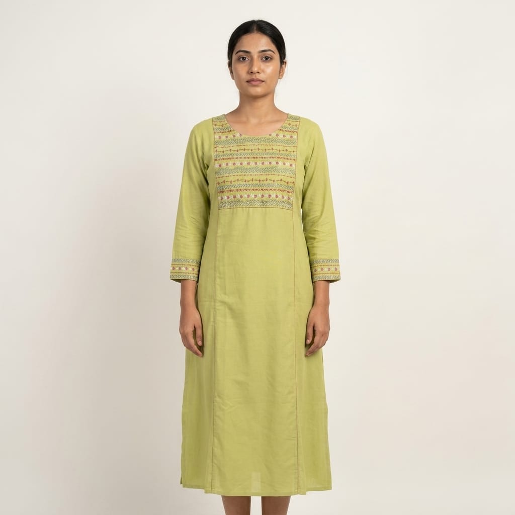Woman wearing everyday olive green cotton ethnic kurti