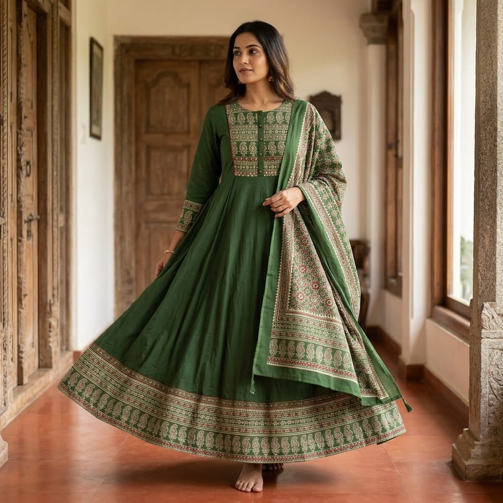 Green Cotton Anarkali Set