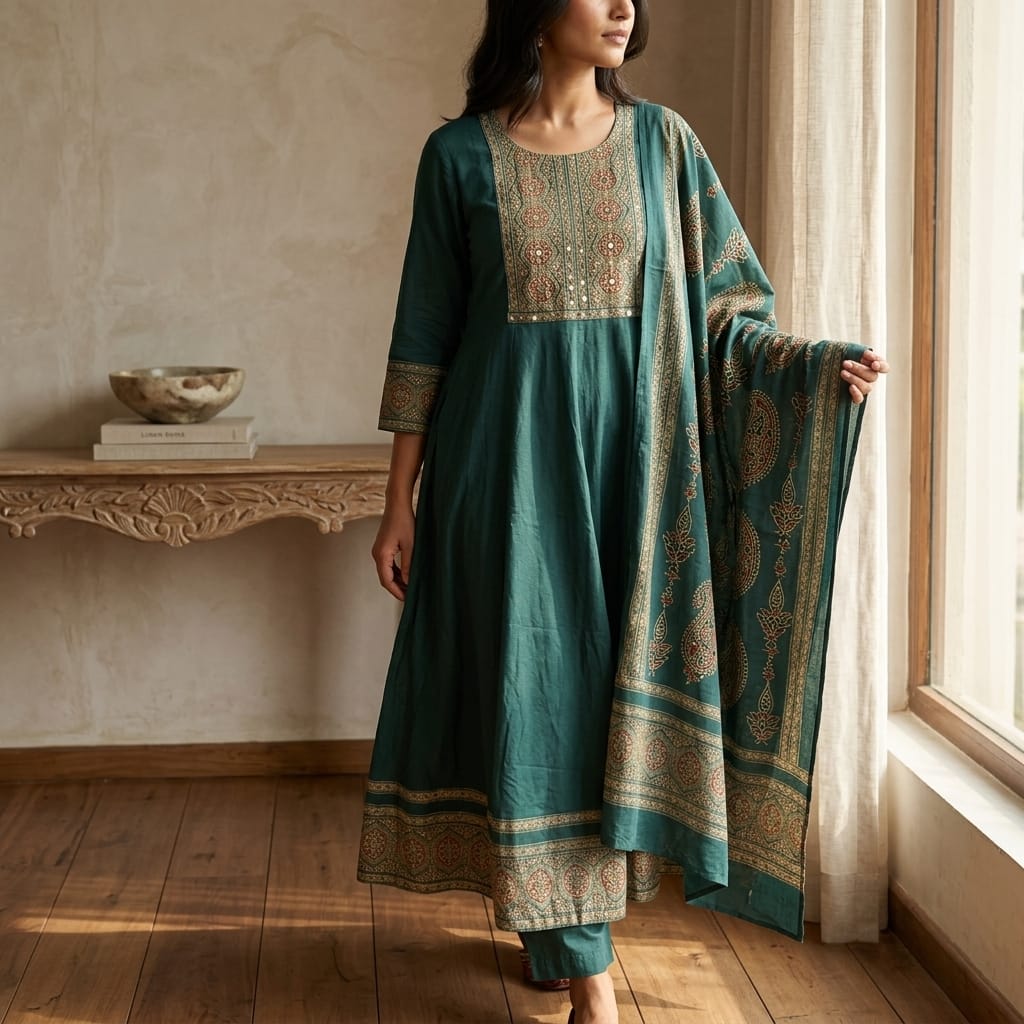 Dark Teal Cotton Anarkali Salwar | 11266