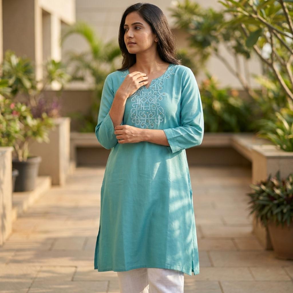 Blue Cotton Silk Kurti