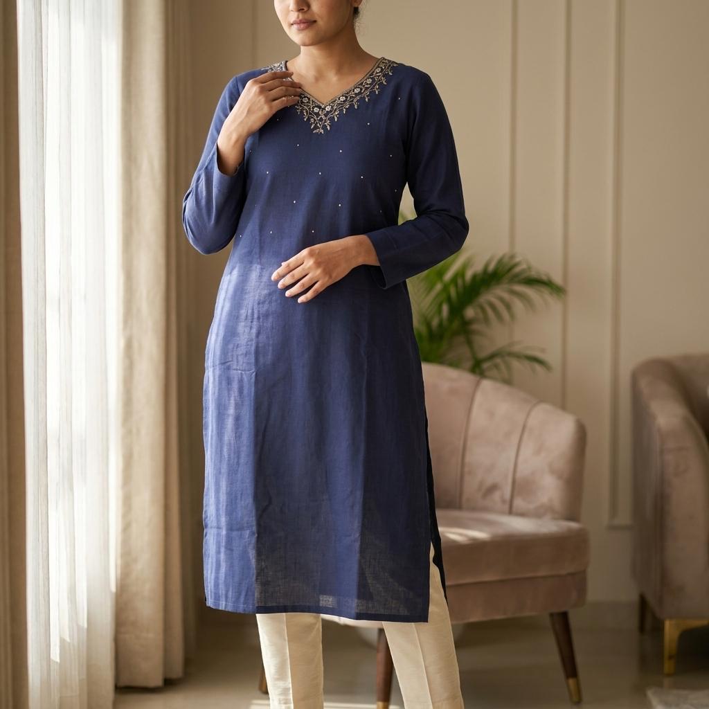 Blue Cotton Silk Kurti