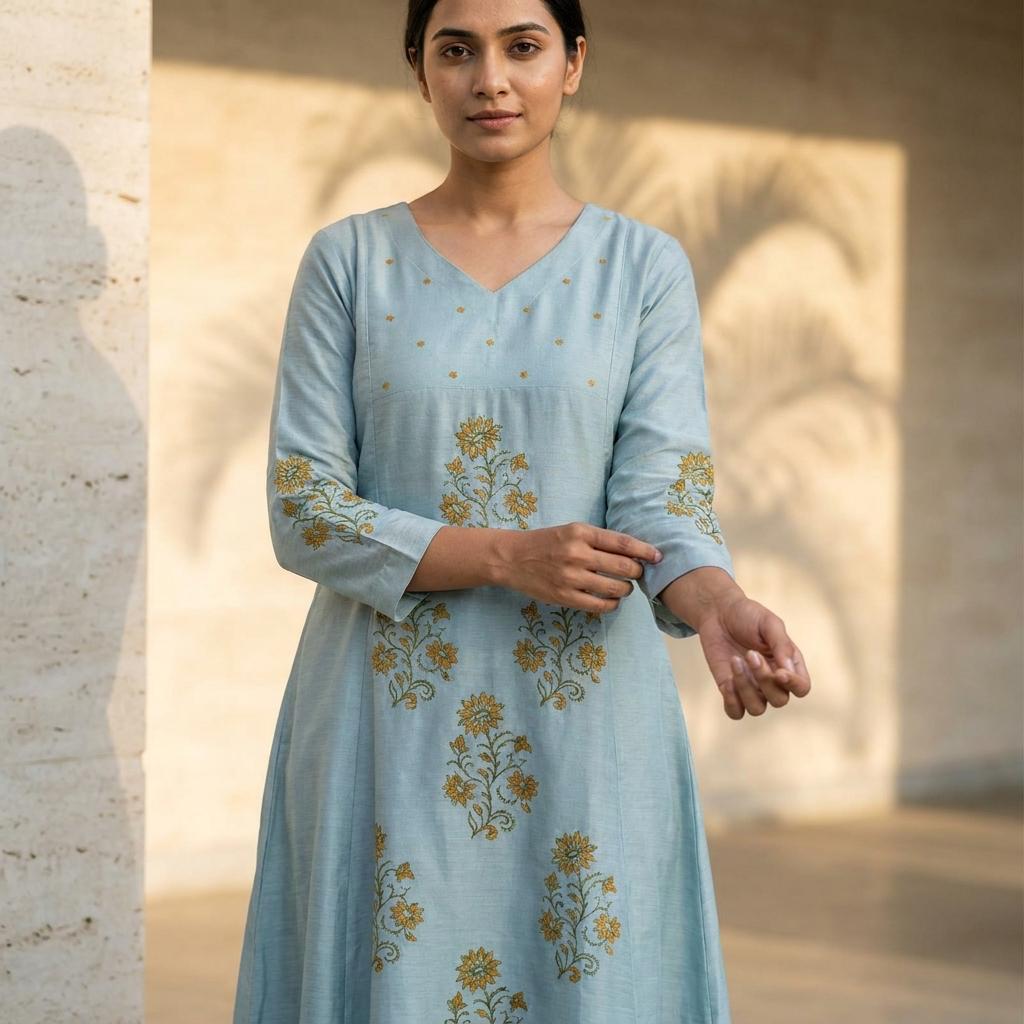 Blue Cotton Silk Kurti